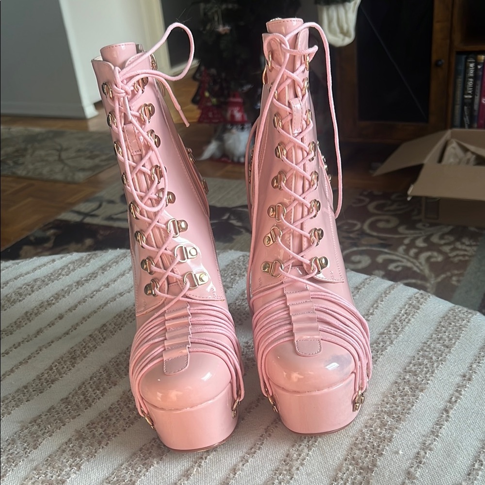 Pink Lace-Up Platform Boots